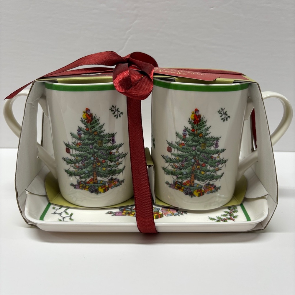 SPODE Christmas Tree Mugs & Tray Set Porcelain 10 oz Cup 8” Tray Holiday NEW